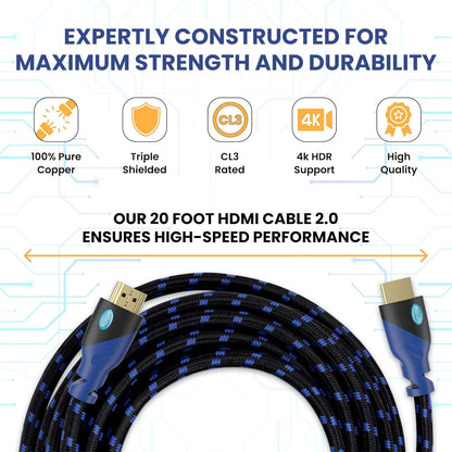 20Ft HDMI Cable 4K@60Hz Ultra HD, High Speed with Ethernet HDMI Cable Braided Nylon & Gold Connectors, ARC, CL3 Rated - Compatible with TV, PC, Monitor, Laptops, PS3, PS5, PS4
