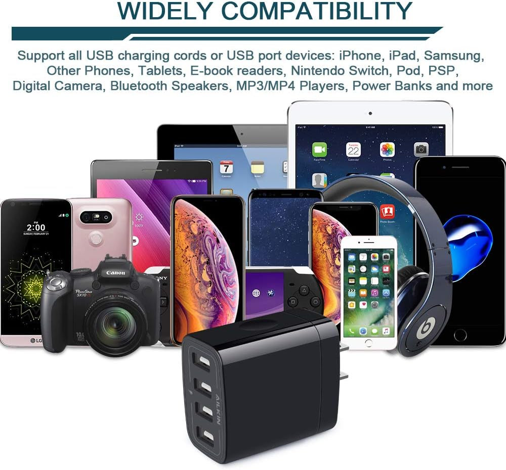 Wall Charger, USB Charger Adapter,  4.8A 4Multi Port Fast Charging Station Power Base Block Plug Cube Brick for Iphone 17 16 15 14 SE 13 12 11Pro Max/X/Plus, Samsung A16/A17/S25/S24 Kindle Plug